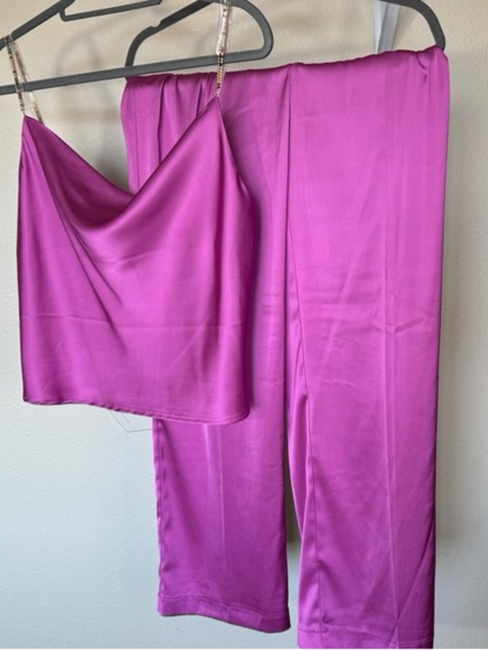 House of Harlow Satin Cowl Neck Camisole & Wide-Leg Pants Set in Magenta